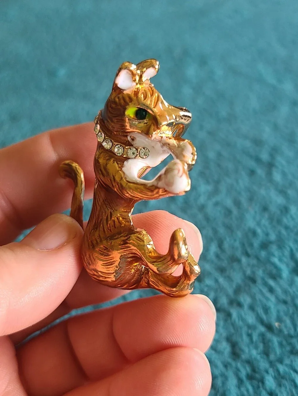 Vintage Gold-Tone Cat Brooch with Green Eye and White Accents - Vintage